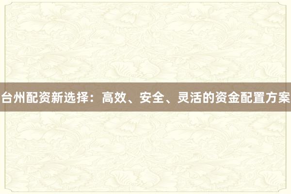 台州配资新选择:高效、安全、灵活的资金配置方案